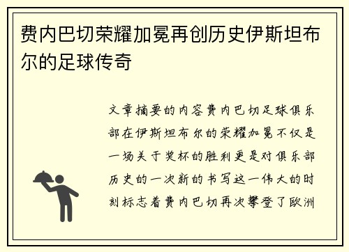 费内巴切荣耀加冕再创历史伊斯坦布尔的足球传奇 费内巴切荣耀加冕再创历史伊斯坦布尔的足球传奇