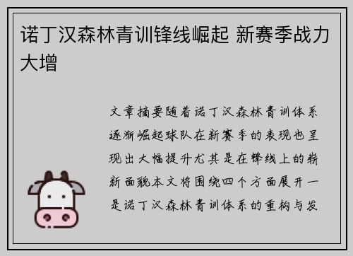 诺丁汉森林青训锋线崛起 新赛季战力大增 诺丁汉森林青训锋线崛起 新赛季战力大增